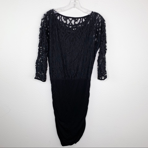 Velvet Black Lace Ruched Dress Medium A26 C38 - Picture 2 of 8